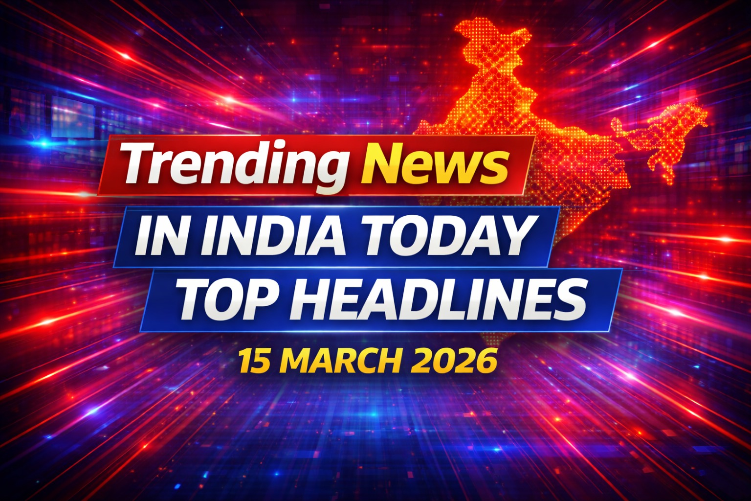 India latest news infographic showing top national headlines for 15 March 2026